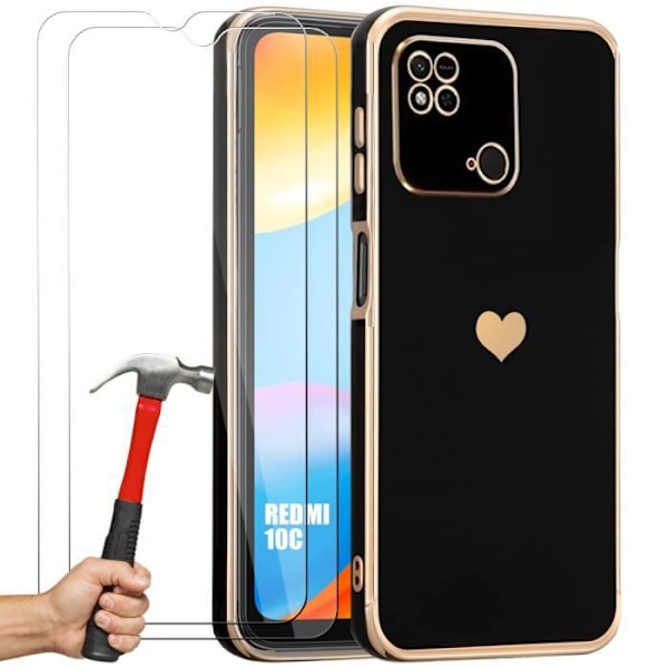 Silikonetui til Xiaomi Redmi 10C sort stødsikkert hjertemønster + 2 glasskærmbeskyttere
