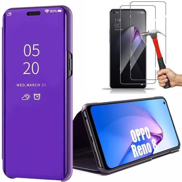 Beskyttelsescover i hård plast til OPPO Reno 8 5G - E.F.CONNECTION - Smart Case Clear View - Lilla - 2 Tempered Glass Lila