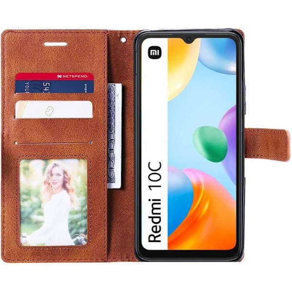 Fodral för Xiaomi Redmi 10C Flip Fodral stöder brun lädereffekt och 2 härdade glasögon