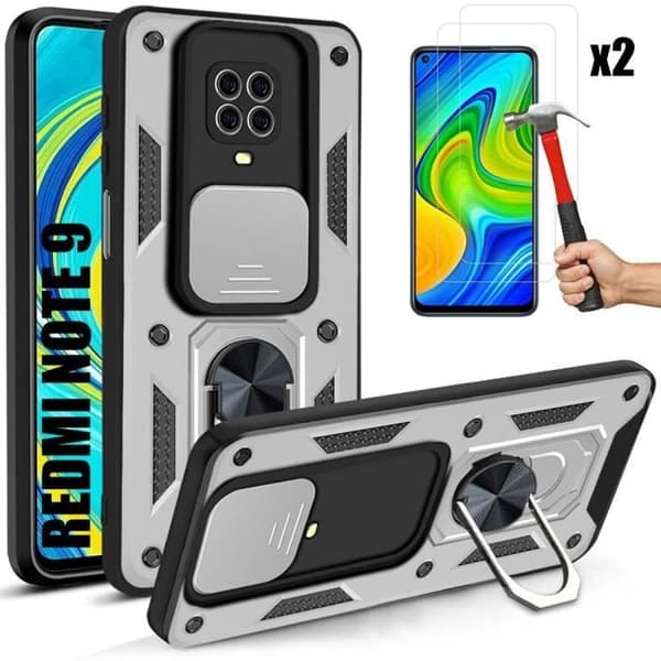 Coque och Tempererade Glas - E.F.CONNECTION - För Xiaomi Redmi Note 9 - Silverfärgad - Militärskydd - Hård Bumper Silver