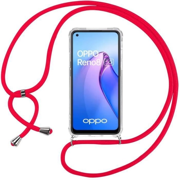 Fodral för OPPO Reno 8 5G Transparent Protection Förstärkt Stötsäker TPU med röd snodd Transparent-Röd