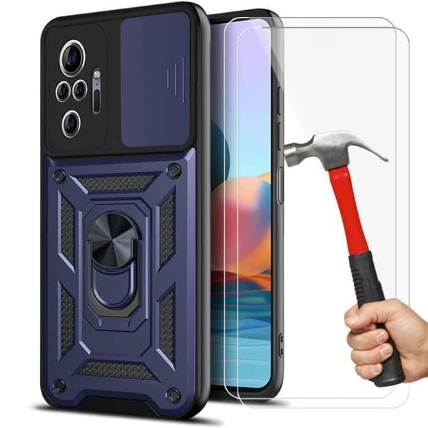 Coque och Tempererade Glas - E.F.CONNECTION - För Xiaomi Redmi Note 10 Pro 5G - Mörkblå - Stötabsorberande - Ring Stöd marinblå