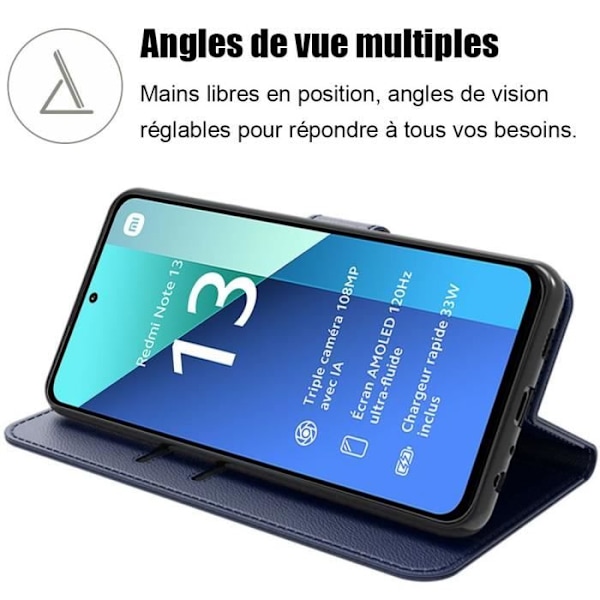 Fodral för Xiaomi Redmi Note 13 4G (ej för 5G) + 2 härdade glasögon, stötsäkert PU-läder, korthållarfunktion - Marinblå