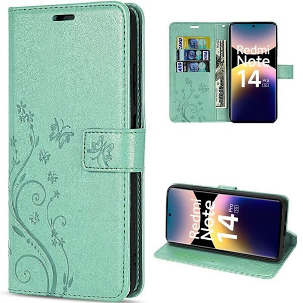 Coque för Xiaomi Redmi Note 14 Pro 5G (inte för 4G) Syntetiskt Läder Motif Fjäril Växt med Kortfack - Grön Grön