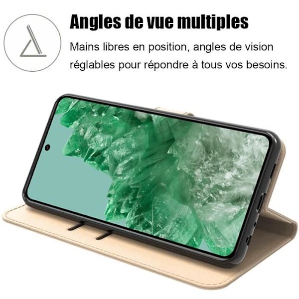Heltäckande fodral för Google Pixel 8 Pro - Guldlädereffektskydd med stativ och korthållare