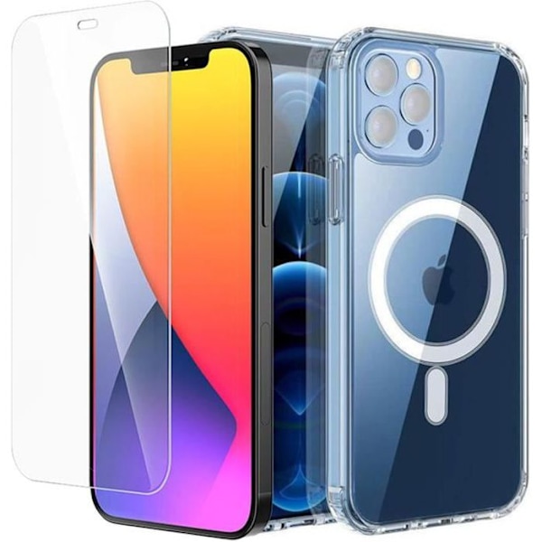 Beskyttelsesskal - E.F.CONNECTION - iPhone 13 Pro - Transparent - Magnetisk Cirkel - 2 Hærdet Glas Transparent