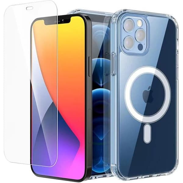 Skyddsskal - E.F.CONNECTION - för iPhone 13 Pro - Transparent - Magnetisk Cirkel - 2 Härdade Glas Transparent