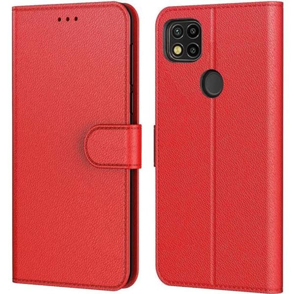 Coque - Redmi - 9C - Röd - Stötteknik - Läderlook - Plånboksetui Röd