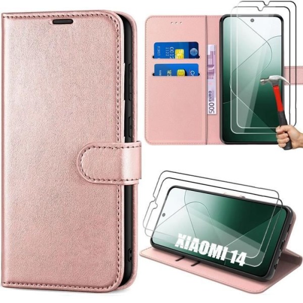 Coque för Xiaomi 14 - Stötsäker Fodral - PU Läder - Kortficka - Stödfunktion - 2 Härdat Glas Rosa