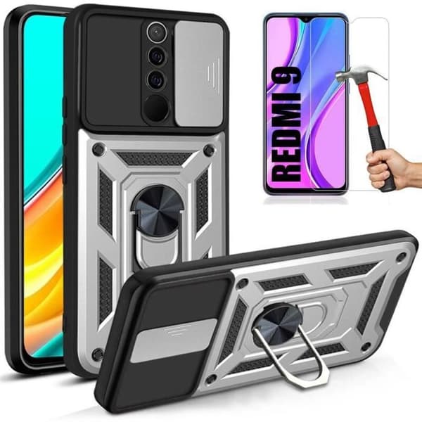 Skyddsskal - E.F.CONNECTION - För Redmi 9 - Härdat glas - Ringstöd - Silverfärgad Silver