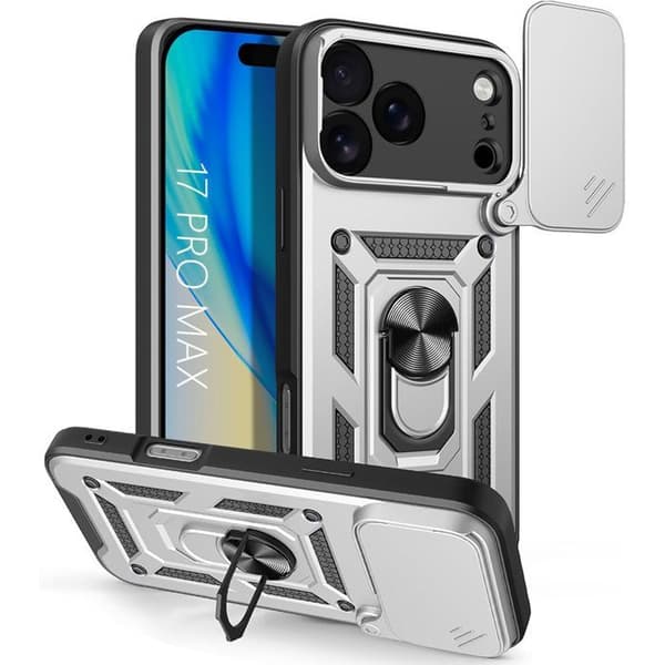 Skyddsfodral för iPhone 17 Pro Max, Resistenta med Ring och Skjutbart Kameraskydd - Silver Silver