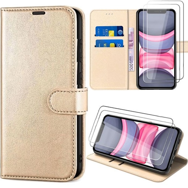 Coque + 2 Härdat Glas för iPhone 11, Skinnliknande Skydd med Magnetisk Stängning - Guld gyllene