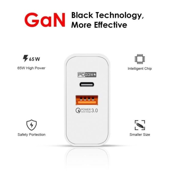 USB-C-laddare 65W - Google - Pixel 9/8/7 - 2 portar PD 33W - QC 3.0 - 1m kabel ingår Vit