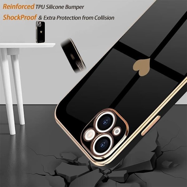 Svart TPU-fodral för iPhone 15 Anti-Scratch Hjärtmönster + 2 skyddande härdade glasögon