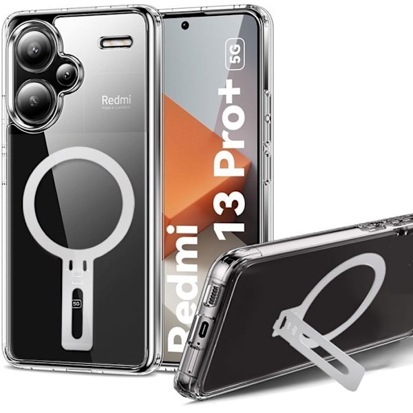 Skal för Xiaomi Redmi Note 13 Pro Plus 5G / Note 13 Pro+ 5G, Stötskydd med Silver Magnetiskt Stöd Transparent