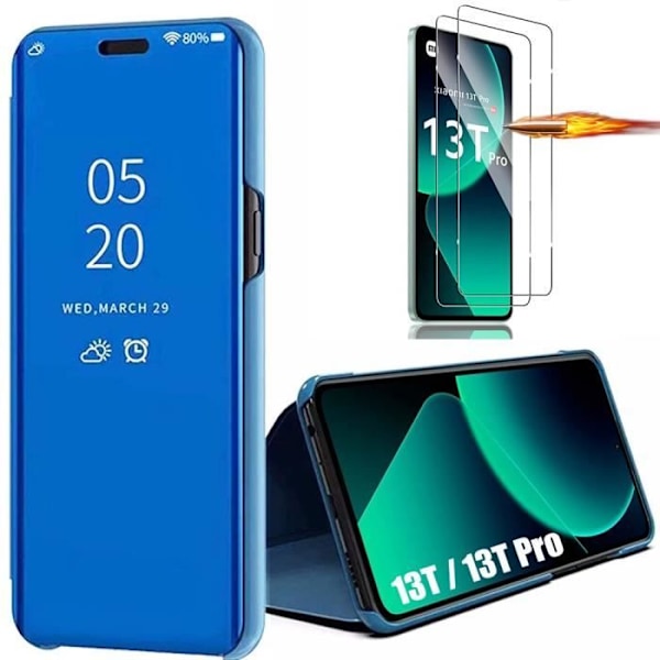 Pakke 2 hærdede briller + etui til Xiaomi 13T - 13T Pro - Blå fuld spejleffekt Elegant anti-ridsebeskyttelse