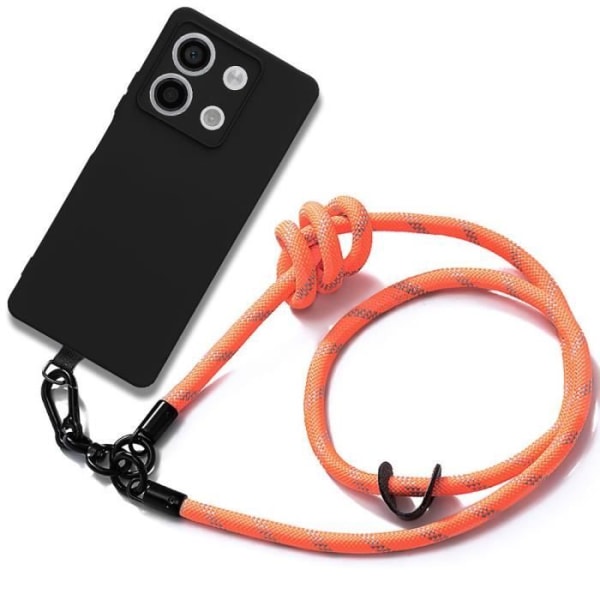 Fodral till Xiaomi Redmi Note 13 5G (ej för 4G) i svart silikon med orange avtagbar axelrem