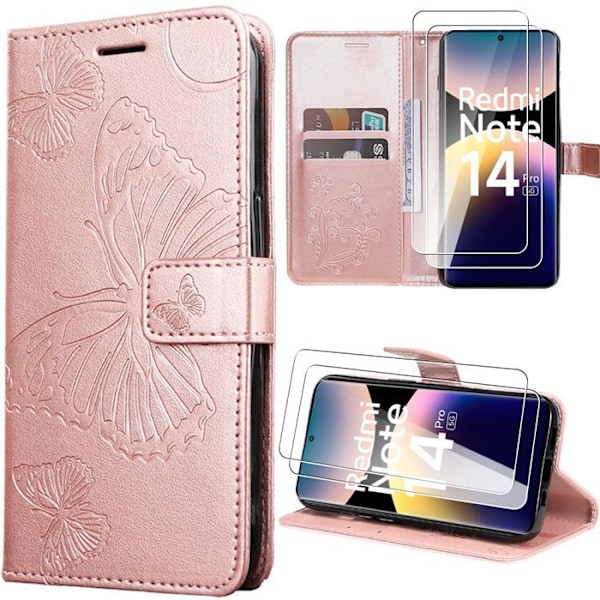 Fodral för Xiaomi Redmi Note 14 Pro 5G (inte för 4G) Rosa Fjärilsdesign Läder PU + 2 Härdade Glas Rosa