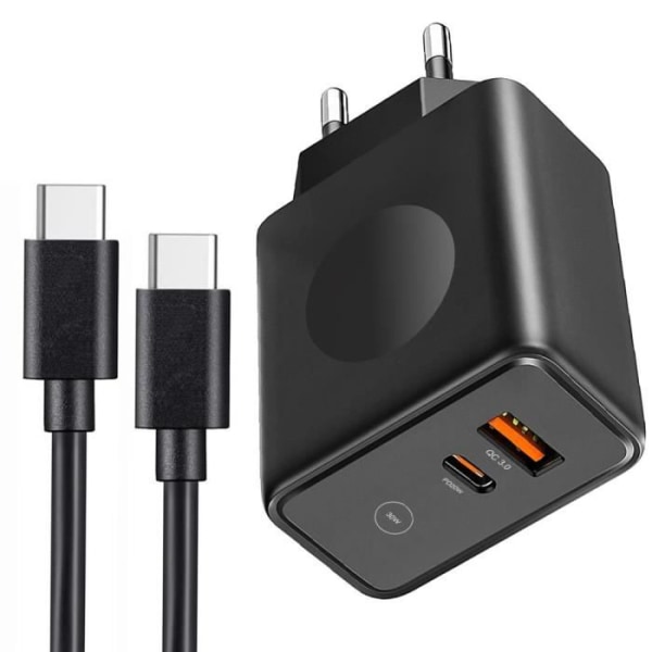 Hurtigoplader 30W - E.F.CONNECTION - PD20W+QC3.0 - 2 Porte - USB-C Kabel 1m - Sort Svart