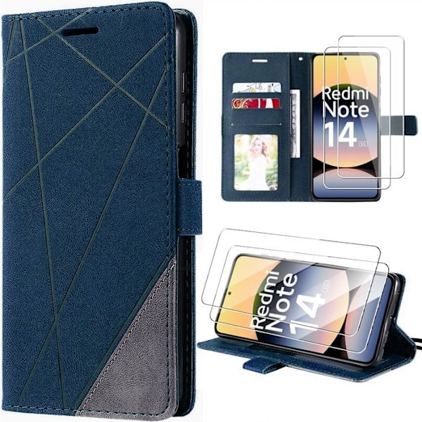 Coque + 2 Härdade Glas för Xiaomi Redmi Note 14 5G (inte för 4G) Anti-Ripskydd Syntetläder Mörknavy marinblå