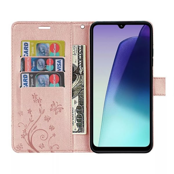 Cover og 2 Dypede Glas til Xiaomi Redmi 14C, Beskyttelse Klap Stødabsorberende Syntetisk Læder Rosa Sommerfuglblomst Mønster Rosa