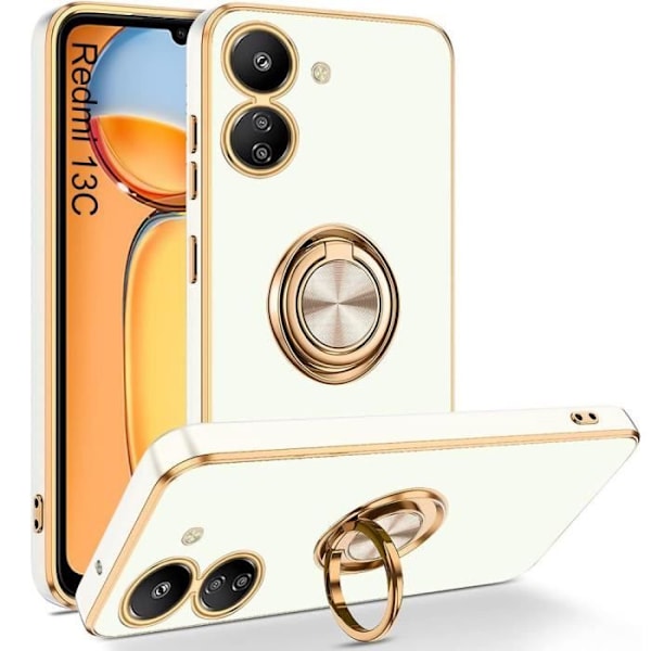 Coque til Xiaomi Redmi 13C - Xiaomi - Ringetui Antichok - Hybrid Silikone - 360° Stativ - Hvid Vit