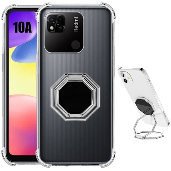Fodral till Xiaomi Redmi 10A-Redmi 9C Stötsäker transparent silikon med åttkantigt metallstativ transparent-silver