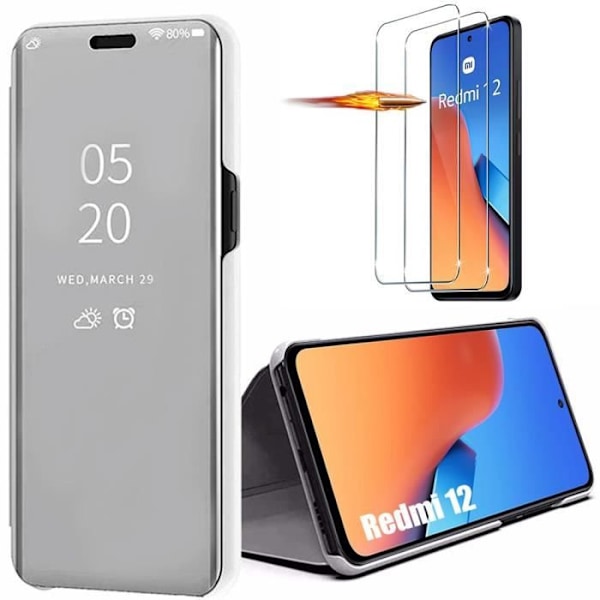 Coque för Xiaomi Redmi 12 4G-5G - Silver - Spegel Effekt - Stöd med Lock - 2 Härdade Glas Silver