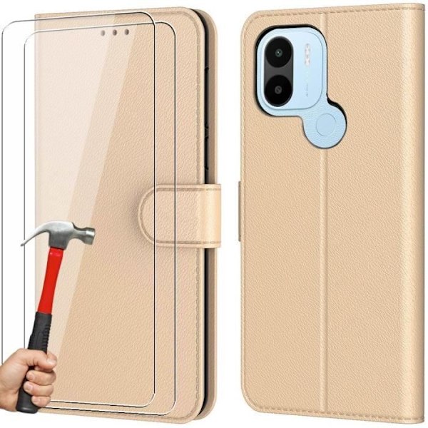 Fodral för Redmi A1+/A2+ / A1 Plus/A2 Plus - Gyllene PU-läderplånbok + 2 härdat glasögon mot repor gyllene