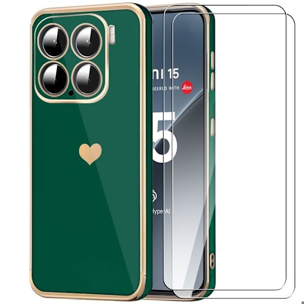 Coque för Xiaomi 15 - Mönster Hjärta Anti-Rip Soft TPU Grön Natt + 2 Härdat Glas Nattgrönt