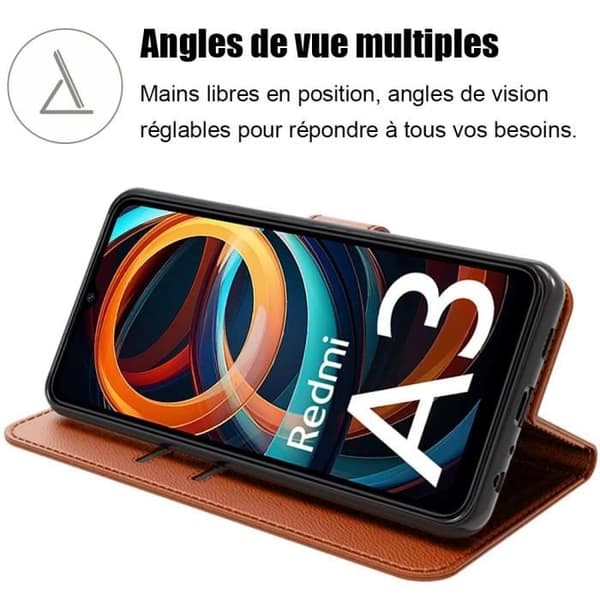 Coque för Xiaomi Redmi A3 - E.F.Connection - Fällbart Stötabsorberande Etui - PU Läder - Fack för Kort - Justerbart Stöd kastanj