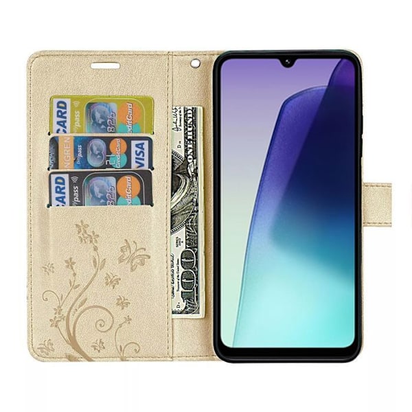 Coque og 2 Våde Glas til Xiaomi Redmi 14C, Beskyttelse med Klap i Syntetisk Læder Stødabsorberende Guld Sommerfuglemotiv gyllene