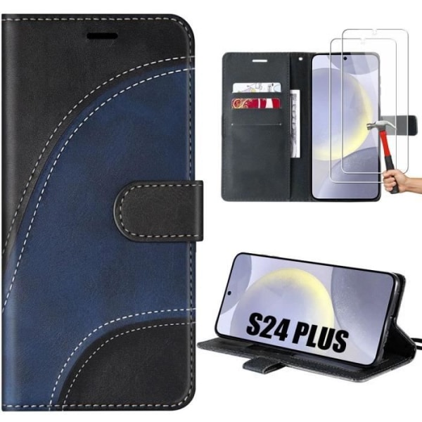 Fodral till Samsung Galaxy S24 Plus (S24+) med 2 härdade glasögon, tvåfärgad plånbok i hel lädereffekt Marinblå-svart