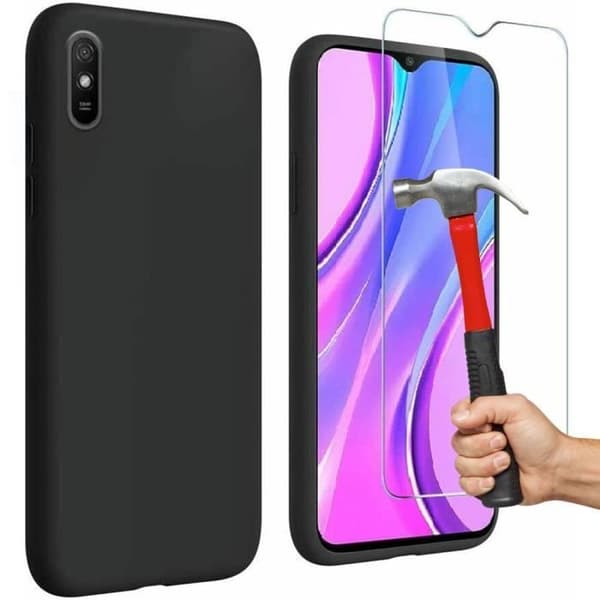 Skyddsskal - E.F.CONNECTION - för Redmi 9A - Mjukt silikon - Härdat glas - Precise skärningar Svart