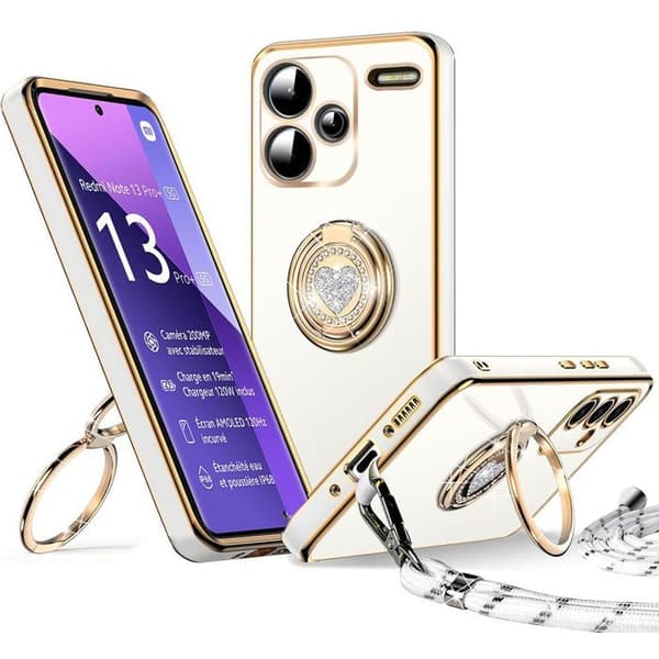 Skal - E.F.CONNECTION - För Xiaomi Redmi Note 13 Pro Plus 5G - Silikon - Rotating ring - Snöre inkluderat Vit