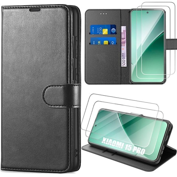 Skydd för Xiaomi 15 Pro, Flip Case Stötsäker Svart Syntetiskt Läder med Kortfack + 2 Härdat Glas Svart