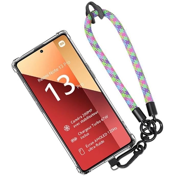 Taske til Xiaomi Redmi Note 13 Pro 4G (ikke til 5G) i gennemsigtig silikone - stødsikker etui med aftagelig trefarvet rem