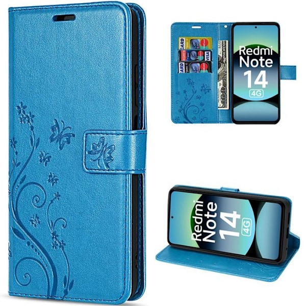 Skyddsfodral för Xiaomi Redmi Note 14 4G (inte för 5G) Skyddshölje med flik Stöttålig Syntetläder Blå Fjäril Blommönster Blå