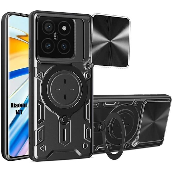 Coque för Xiaomi 14T - Svart - Stötbeständig skydd - Ringstöd - Skjutbar kameraskydd Svart