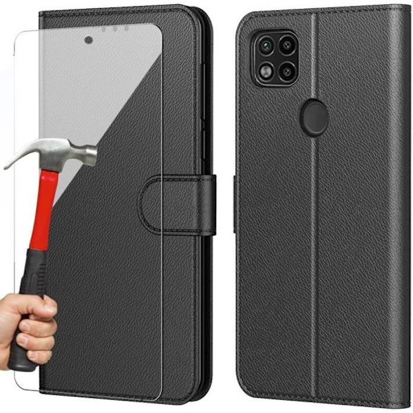 Fodral för Redmi 9C (5,7") härdat glas ingår Svart lädereffekt Trendig design Magnetstängning Förstärkt kant Svart
