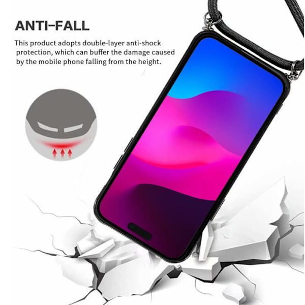 Cover til iPhone 15 Plus, gennemsigtig hård stødsikker beskyttelse med sort ledning