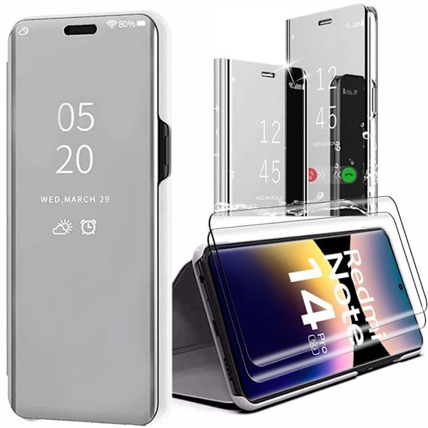 Skyddsskal - Xiaomi - Redmi Note 14 Pro 5G - Stötte absorberande - Spegeleffekt - Inkluderar 2 Härdat glas Silver