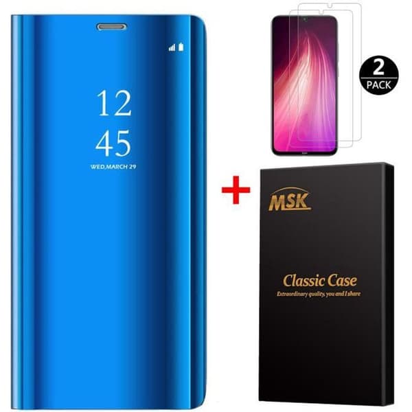 Coque - Xiaomi - Redmi Note 8 - Spegel - Härdat glas - Ställfunktion Blå