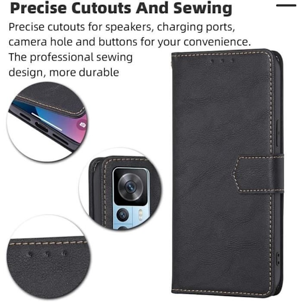 Fodral för Xiaomi 12T Pro + 2 härdade glasögon, Stötsäker Full Wallet Lädereffekt Svart Svart