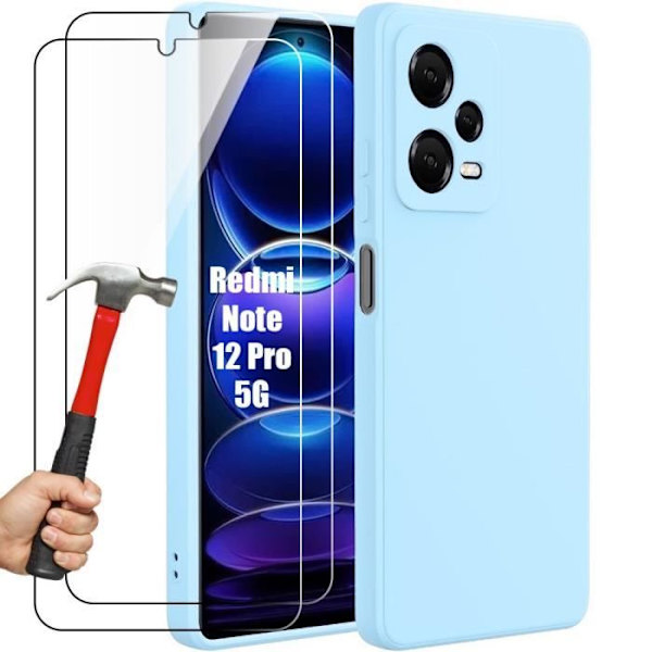 Etui + 2 hærdede briller til Xiaomi Redmi Note 12 Pro 5G (ikke til 4G), mat silikone tyndt blødt beskyttelsescover - himmelblå