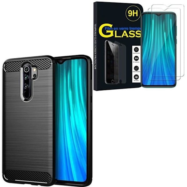 För Xiaomi Redmi Note 8 Pro 6.53": Silikonfodral i kolfiber - SVART + 2 härdat glasfilmer SVART