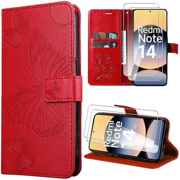 Coque + 2 Tempererede Glas til Xiaomi Redmi Note 14 5G (ikke til 4G) Butterfly Print Læder Effekt - Rød Röd