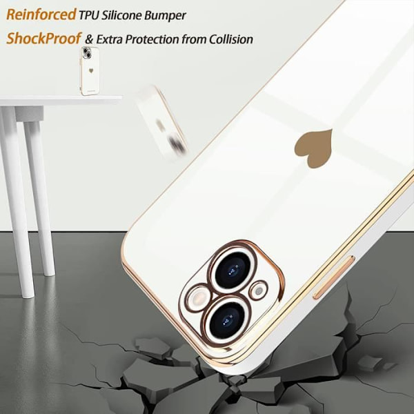 Silikonfodral för iPhone 15 Plus Vit Stötsäkert hjärtmönster + 2 skärmskydd i glas