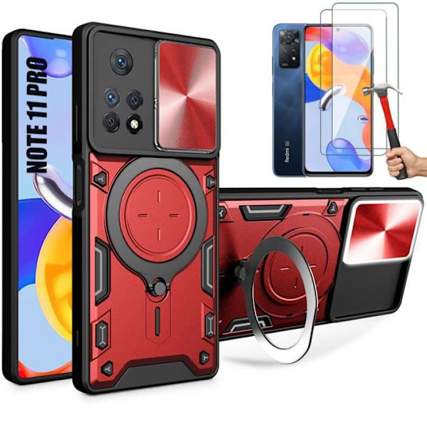 Fodral + 2 härdade glasögon för Xiaomi Redmi Note 11 Pro, skydd med stödkameraskydd - röd
