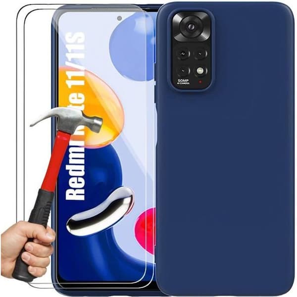 Fodral och 2 härdade glasögon för Redmi Note 11-Note 11S, skydd TPU Marinblå marinblå